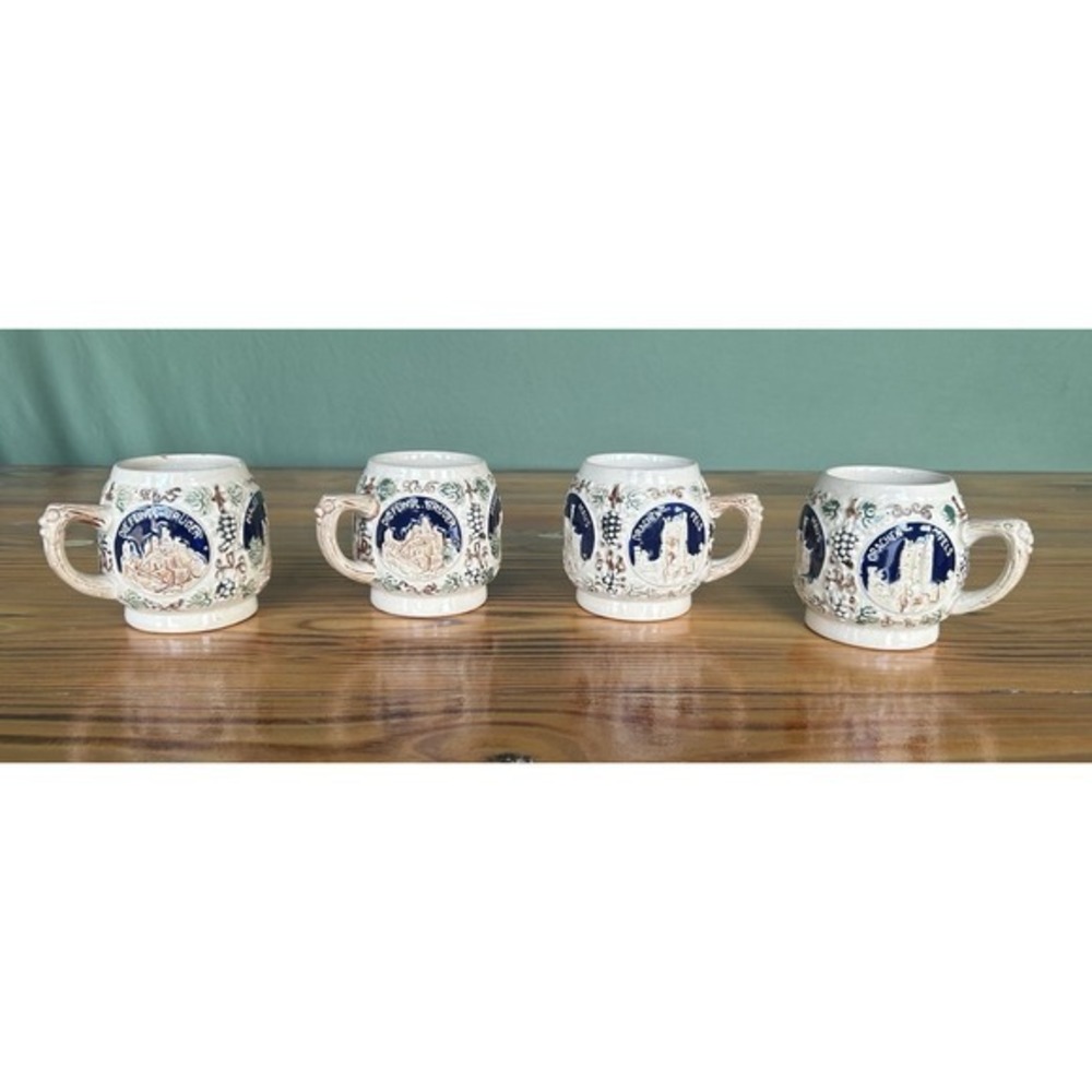 4-PC Vintage Gerz Cider Cup Mugs Germany Stoneware Ceramic 3-D Castle Ruins